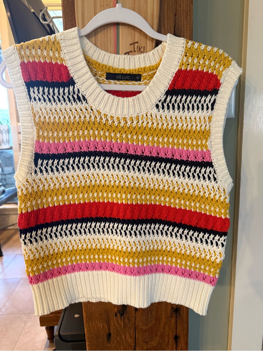 Deluc Striped Knit Sleeveless Sweater Vest in White, Mustard, Red, Pink, Navy